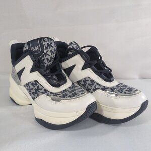 Michael Kors Olympia Logo Jacquard Leather Trainer Shoe 7.5 M Navy Blue White MK